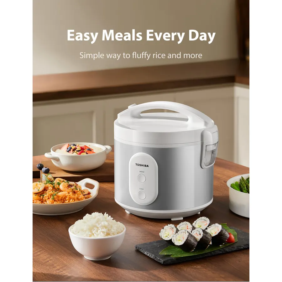 TOSHIBA Rice Cooker & Steamer Simple 5.5 Cup(Uncooked) with Steaming Basket, Removable Non-Stick Inner Pot & Inner Lid, for Soups, Stews, Grains&Oatmeal, One Touch&Keep Warm Function, Silvery White