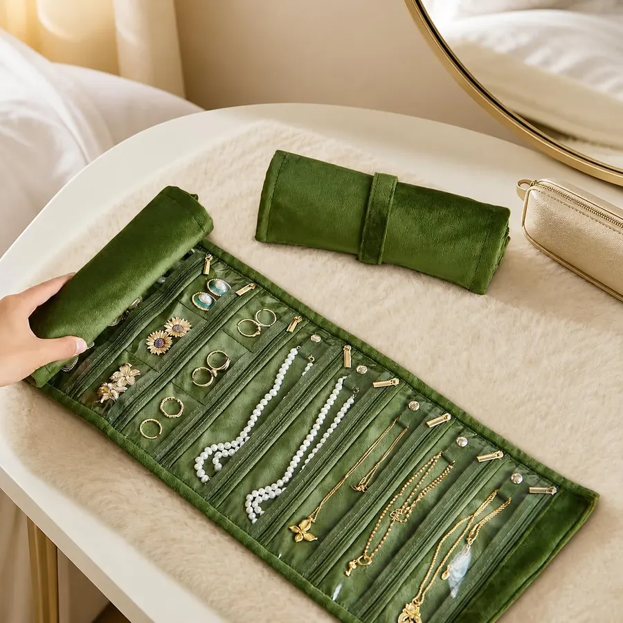 Travel Jewelry Organizer, Green Velvet Roll Up Bag with 11 Zippered Rows