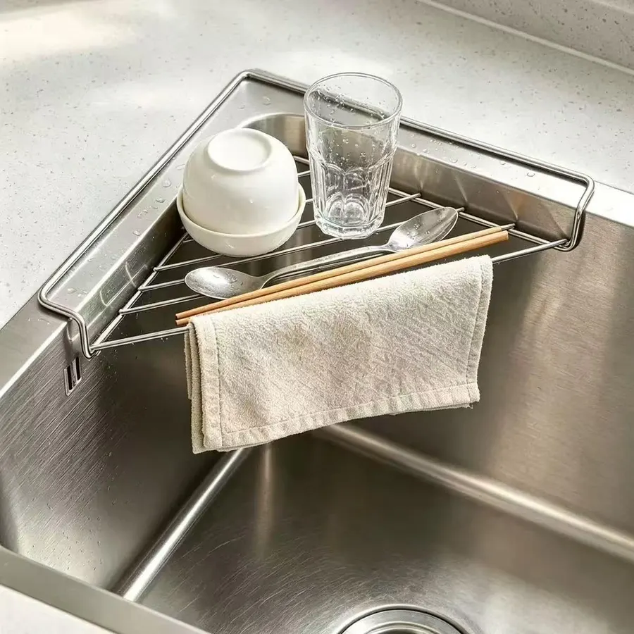 Corner Sink Caddy Triangle Dish Drying Rack for Sink Corner, Sponge Holder Roll Up Dish Drying Rack Over The Sink, Stainless Steel Kitchen Sink Organizer Drainer Mat Sponge Caddy for Counter Storage