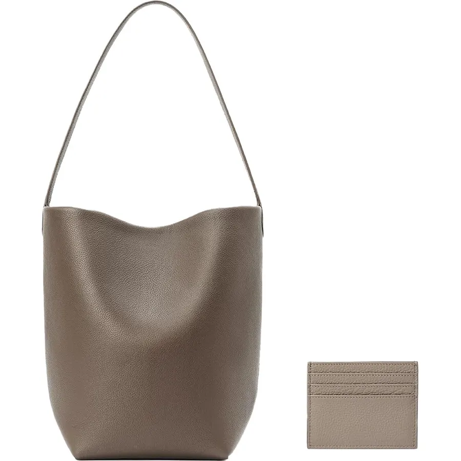 TRow Genuine Leather Bucket Bag with Wallet, Full-Grained Calfskin Tote