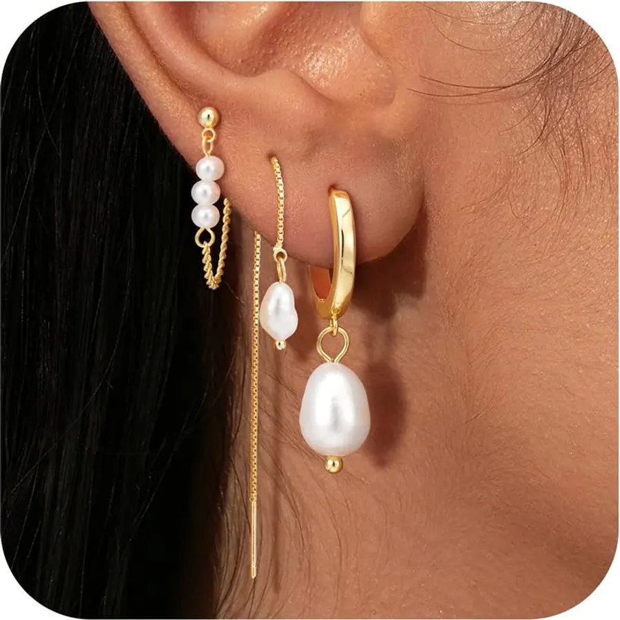 Turandoss 3 Pairs Hypoallergenic Pearl Earrings Set for Women Teen Girls