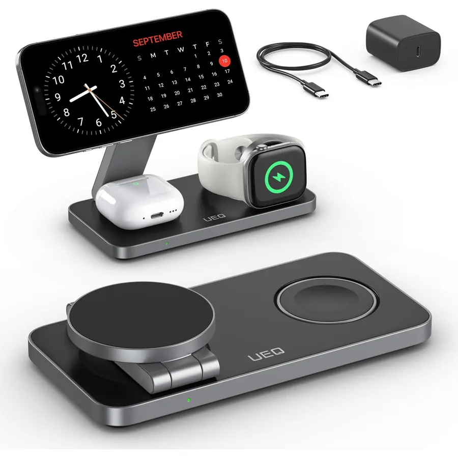 UEQ Foldable 3 in 1 Wireless Charging Station for Apple Magsafe Charger Stand,Fast Magnetic Wireless Charger Station for iPhone 17 Air 16 15 14 13 12 Series,Airpods Pro,Apple Watch Ultra (Pure Black)
