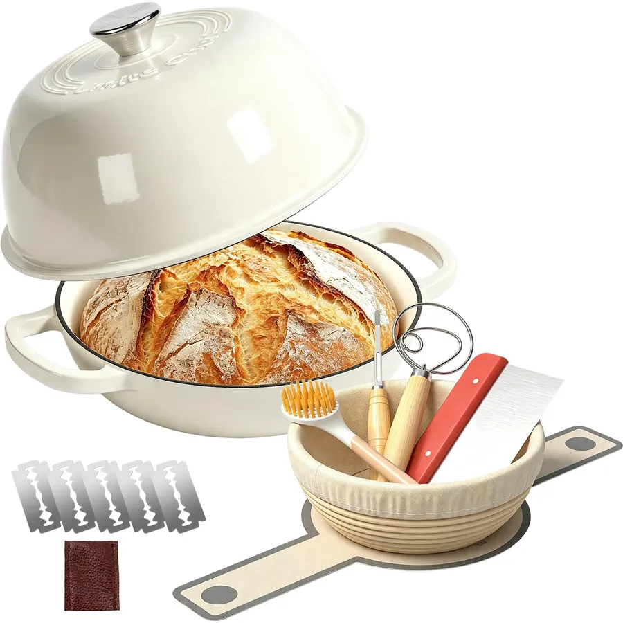 Enameled Cast Iron Dutch Oven for Bread Baking - incl. Sourdough Bread-Baking Supplies like Banneton Bread-Proofing Basket - 5QT Loaf Cast Iron Bread Oven Pan with Lid Meatloaf Pan with Lid, Sour Sough Tools, Lame(Blue）