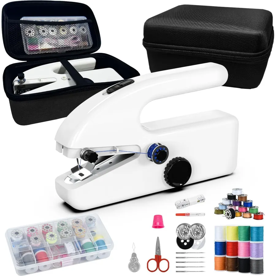 Unique sewing experience: Handheld sewing machine with storage box, portable package,mini sewing machine for travel, including various accessories and tools（white）