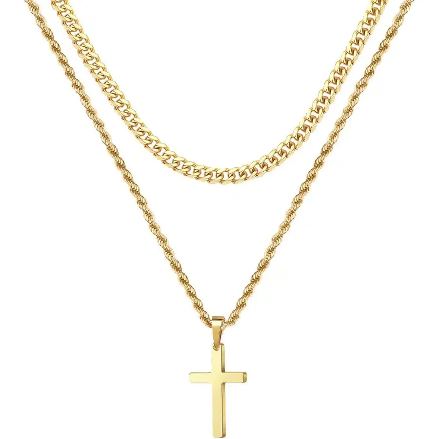 Ursteel Layered Cross Necklaces for Men - 18K Gold Plated Cross Necklaces Chain for Men Boys Gifts, Silver Rope Chain Layered Necklace Jewelry 16 18 20 22 24 Inch, First Communion Gifts for Boys
