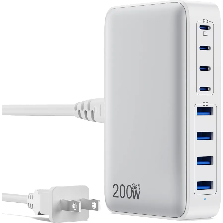 200W USB C Charger, 6 Ports GaN Fast Charging Station, White