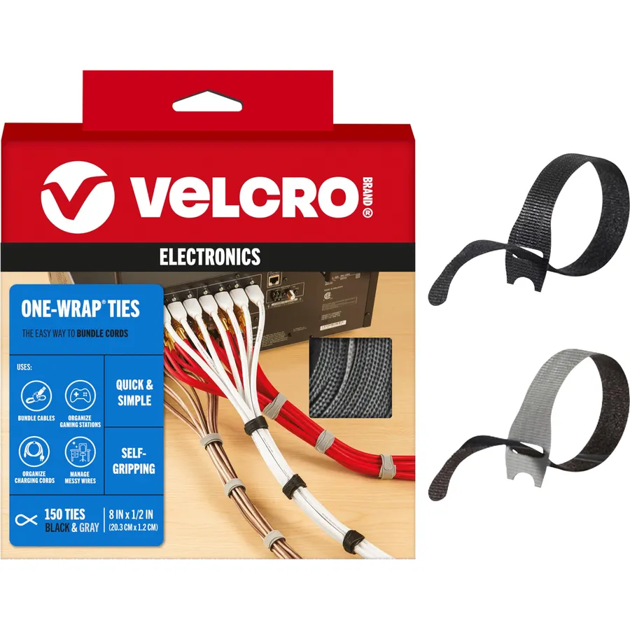 VELCRO Brand Reusable Cable Ties, Cord Management, 8in, Black, 150 Pack