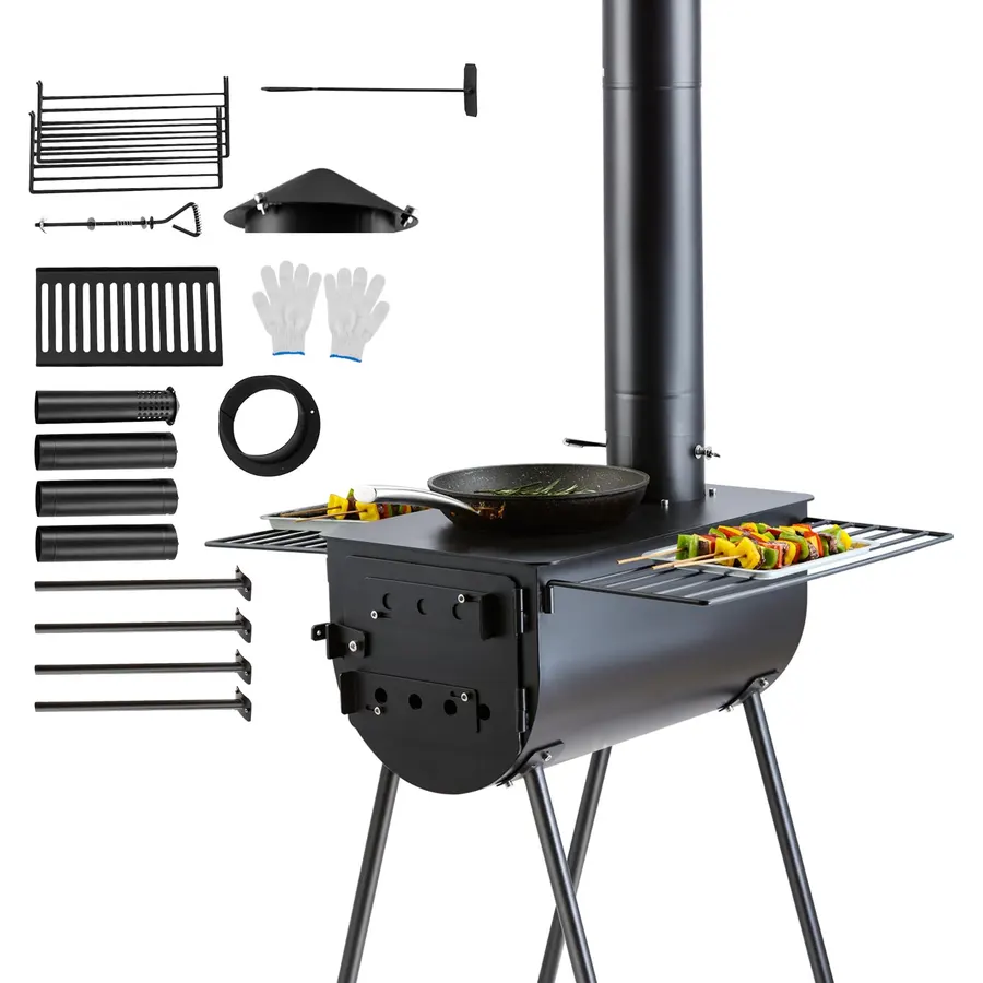 VEVOR 118" Camping Wood Stove, Portable Alloy Steel Tent Stove with 3000in³ Firebox, Outdoor Heating & Cooking Stove with Chimney Pipes & Gloves, Includes 8 Pipes for Efficient Heating