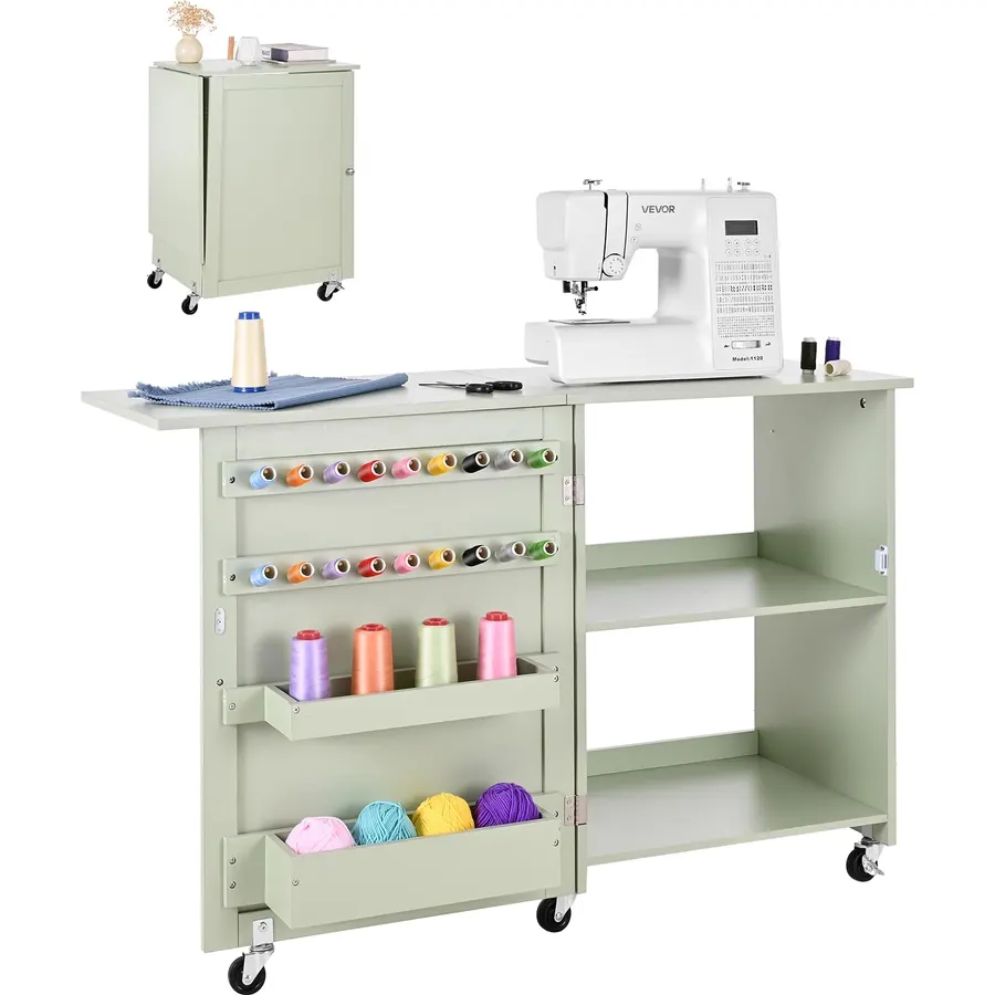 VEVOR Folding Sewing Table, Multipurpose Sewing Machine Table with Compact Design, Wheels, Wooden Pegs, Storage Trays and Shelf, Magnetic Door Lock, Craft Station and Side Desk for Home, Light Green