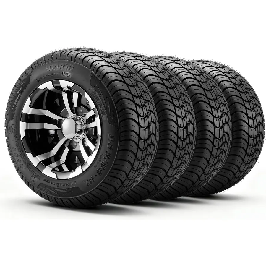 VEVOR Golf Cart Wheels, 10" 205/50-10 Black Aluminum Alloy Golf Cart Tires and Wheels Combo (Set of 4) Fit Club Car, EZGO, Yamaha, 4 Ply Rubber 4-Lug Lawn Mower Tires & Rims, 675 lbs Load, All-Terrain