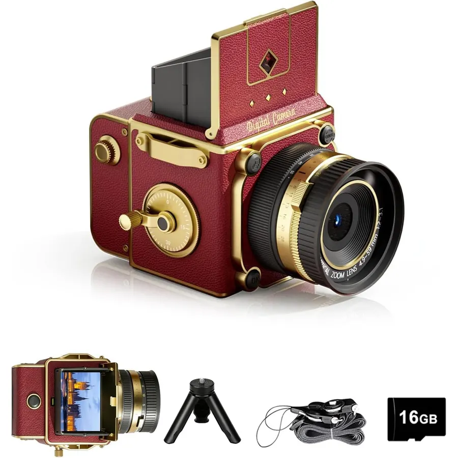 Vintage Digital Camera, 64MP 2.7K Retro Point and Shoot Camera with Autofocus, 2" IPS Waist-Level Screen & 16GB TF Card, 16X Zoom Compact Photography Camera for Beginners Kids Black