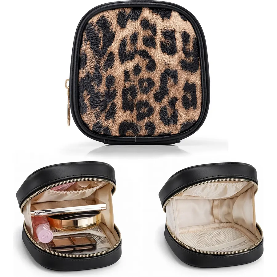 VLANDO Mini Makeup Bag for Purse,Slip-in Pocket,Leopard,Black