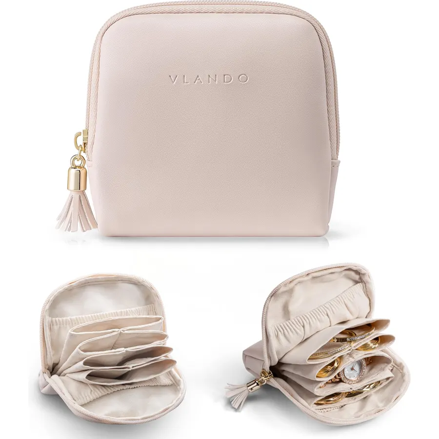 VLANDO Travel Jewelry Case,Velvet Pouch Bags with Zipper,2Pcs Toffee