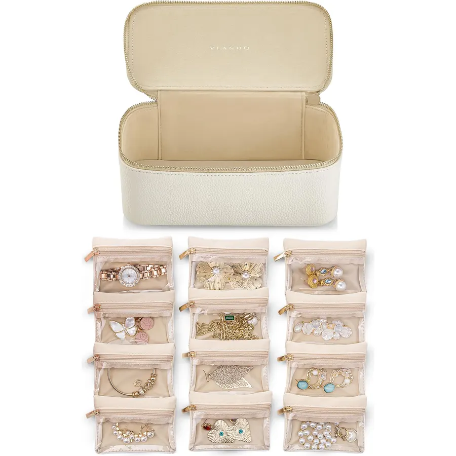 VLANDO Travel Jewelry Case with Clear 12 Velvet Bags,White