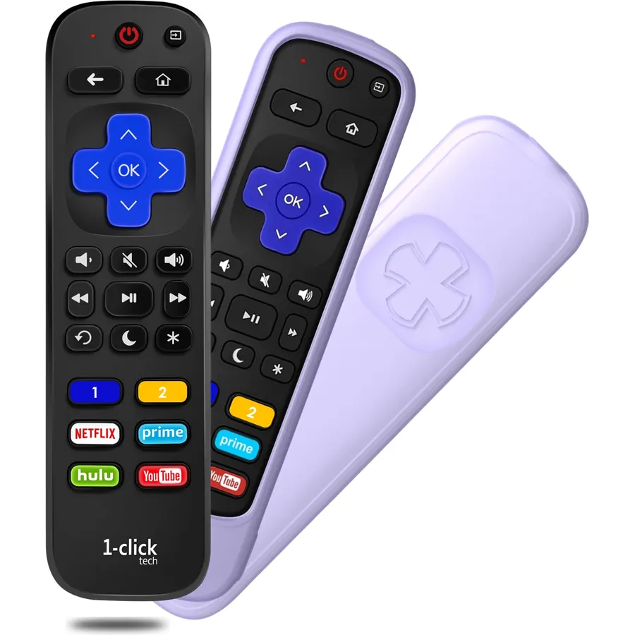 [w/Cover] 1-clicktech for【Roku TV, Roku Box】 2-in-1 for TCL Hisense ONN. All Built-in Roku TV, and for Roku 1/2/3/4 Express Ultra LT HD XDS (Remote + Purple Cover)