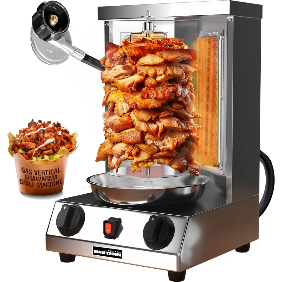 Shawarma Grill Machine - 15 lbs Capacity, Gas Vertical Rotisserie with 2 Burner, Stainless Steel Rotating Doner Kebab Gyro Meat Machine for Home, Kitchen