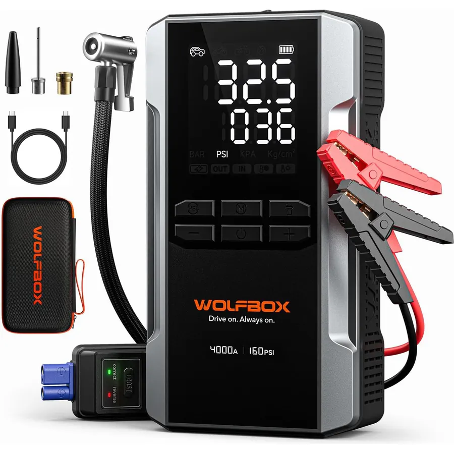 Jump Starter with Air Compressor, 5000A Peak Car Battery Jump Starter(9.0 Gas/8.0L Diesel), 160PSI 12V Jump Box Car Battery Jumper Starter Portable with Smart Jumper Cables, LED Lights, LCD Display