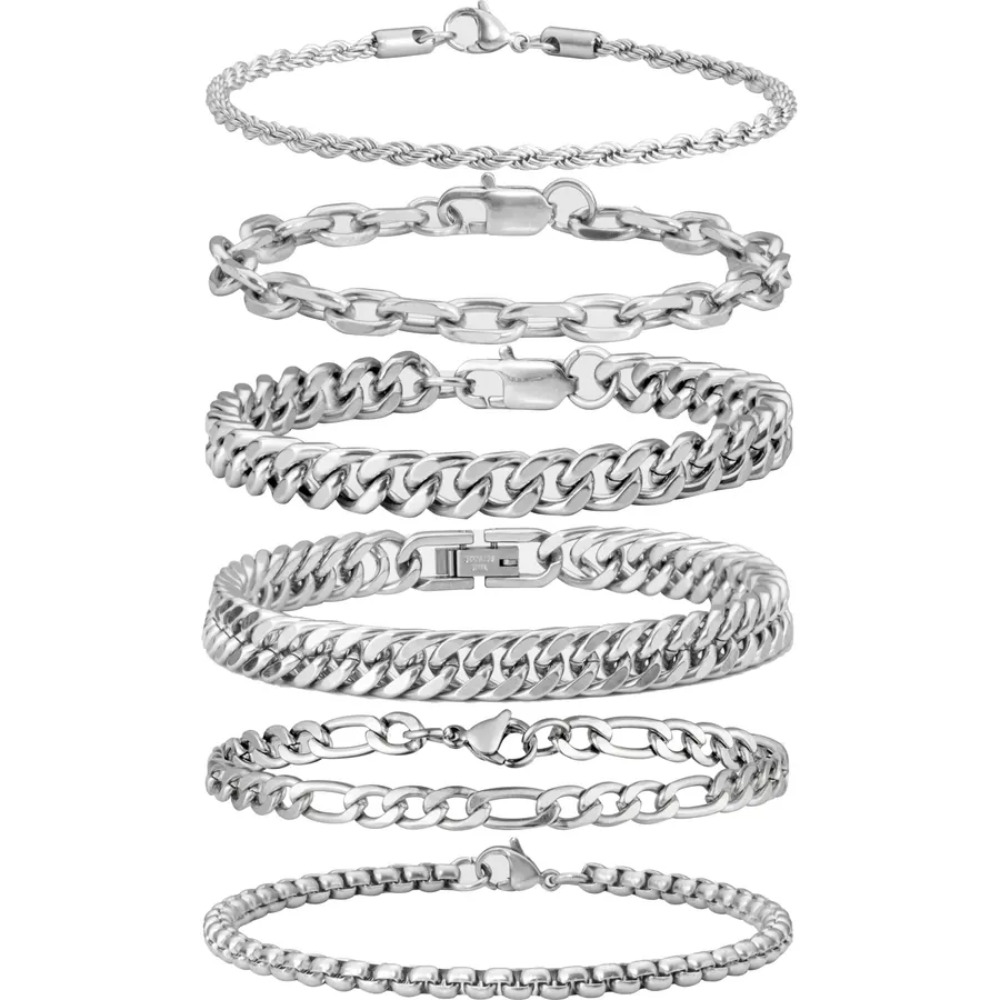 XIANNVXI 6pc Silver/Gold/Black Stainless Steel Bracelets for Men Gifts