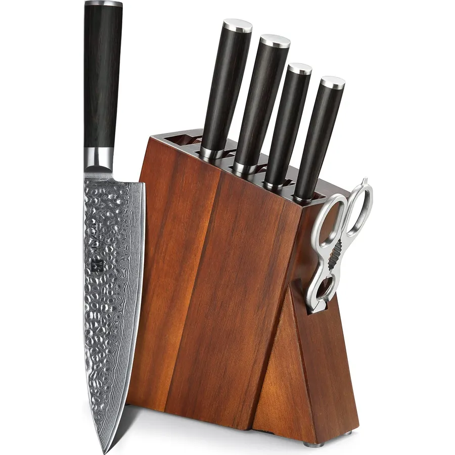XINZUO Damascus 7-Piece Kitchen Chef Knife Block Set,Professional Sharp Cutting Knife Set with Block,Pakkawood Handle,Chef Gift Box