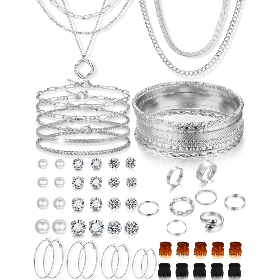 YEEZII 56 Pcs Gold Jewelry Set for Women with 5Pcs Layered Necklace, 5Pcs Layered Necklace, 12 Bracelets, 4 Hoop Earrings, 8 Stackable Rings, 10 hairpins, 12 Studs Earrings Jewerly set for Women