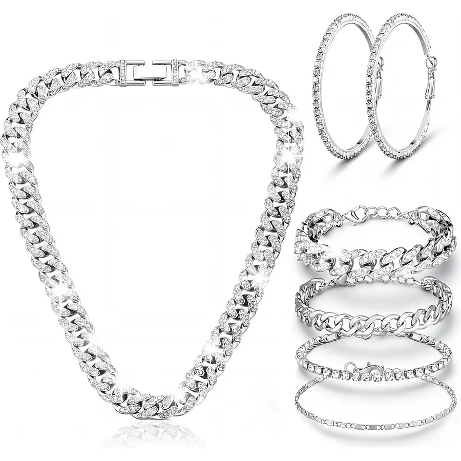 Yinkin 6 Pcs Silver/Gold Jewelry Set Cuban Chain Necklace Earrings