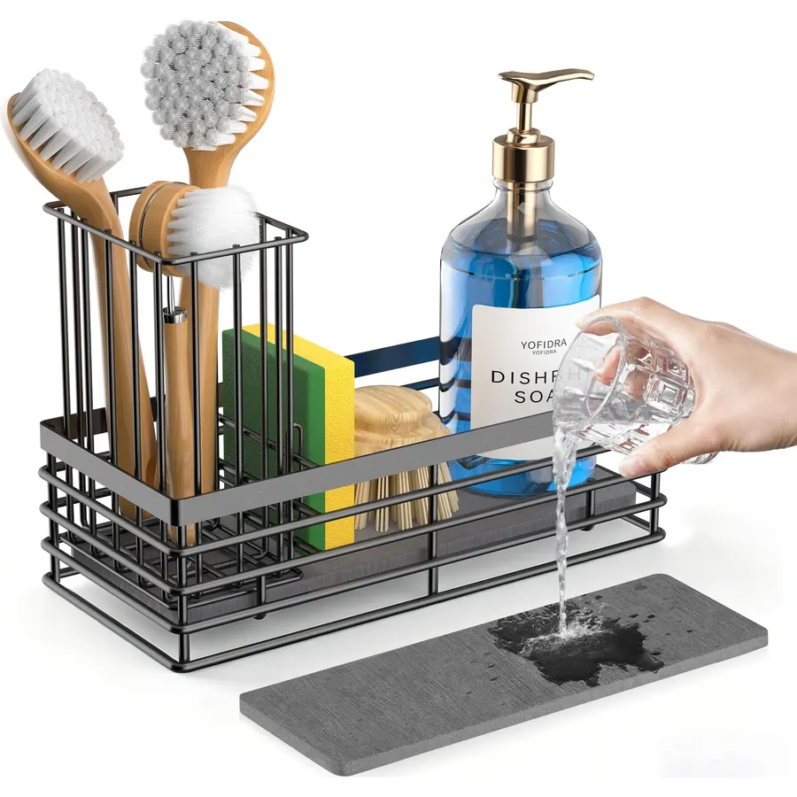2-in-1 Diatomite Sponge Holder for Kitchen Sink, Quick-Drying Dish Sponge and Brush Holder, Dish Wand Holder, Diatomite Stone Sink Tray, Ultra Absorbent Sinks Caddy Organizer,White