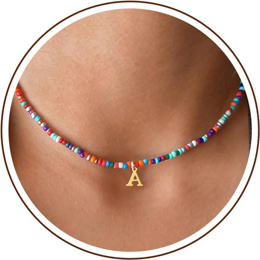 Ursteel Colorful Initial Cute Necklaces for Girls - Trendy Beaded Choker Necklace for Women Teen Girl, Personalized Letter Initial Gifts for Women Kids Jewelry