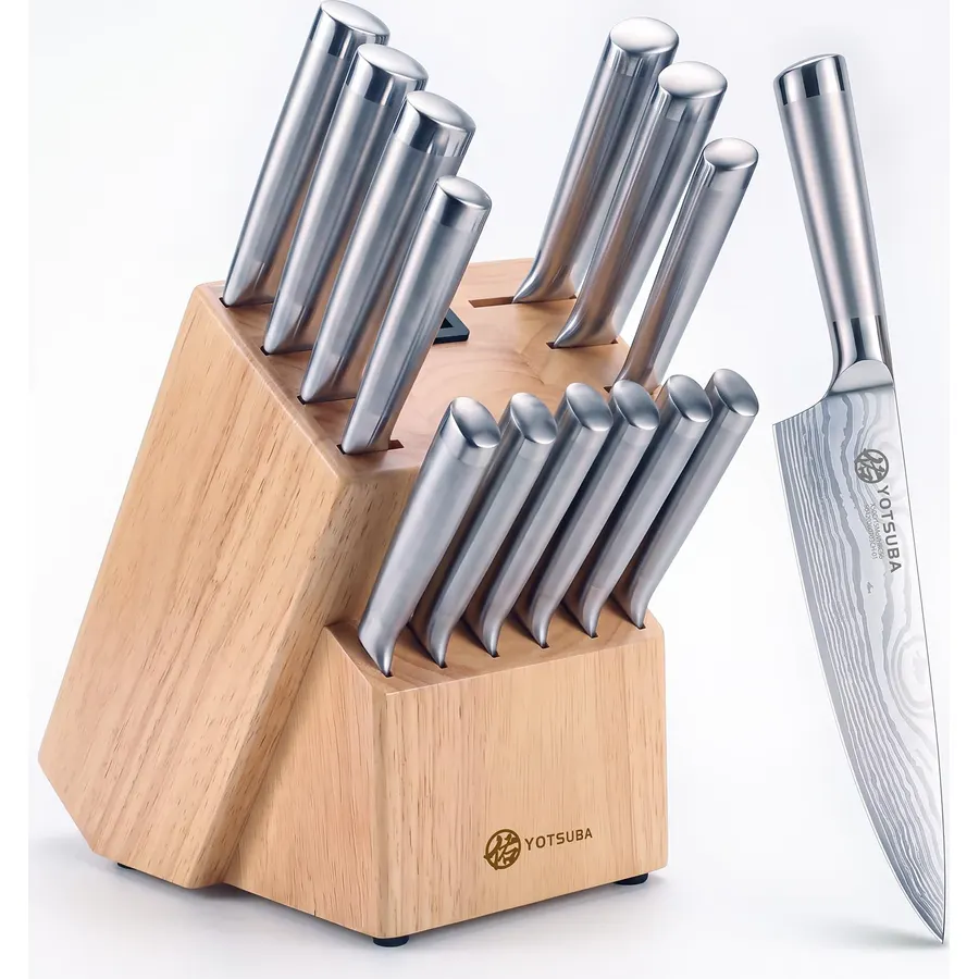 YOTSUBA 15-Piece Knife Block Set with Built-In Sharpener, One-Piece Design