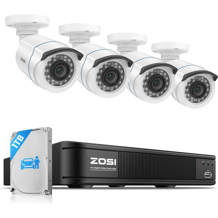 ZOSI 8CH 3K Lite Wired DVR Security Camera System, 4 x 1080p Camera,1TB HDD