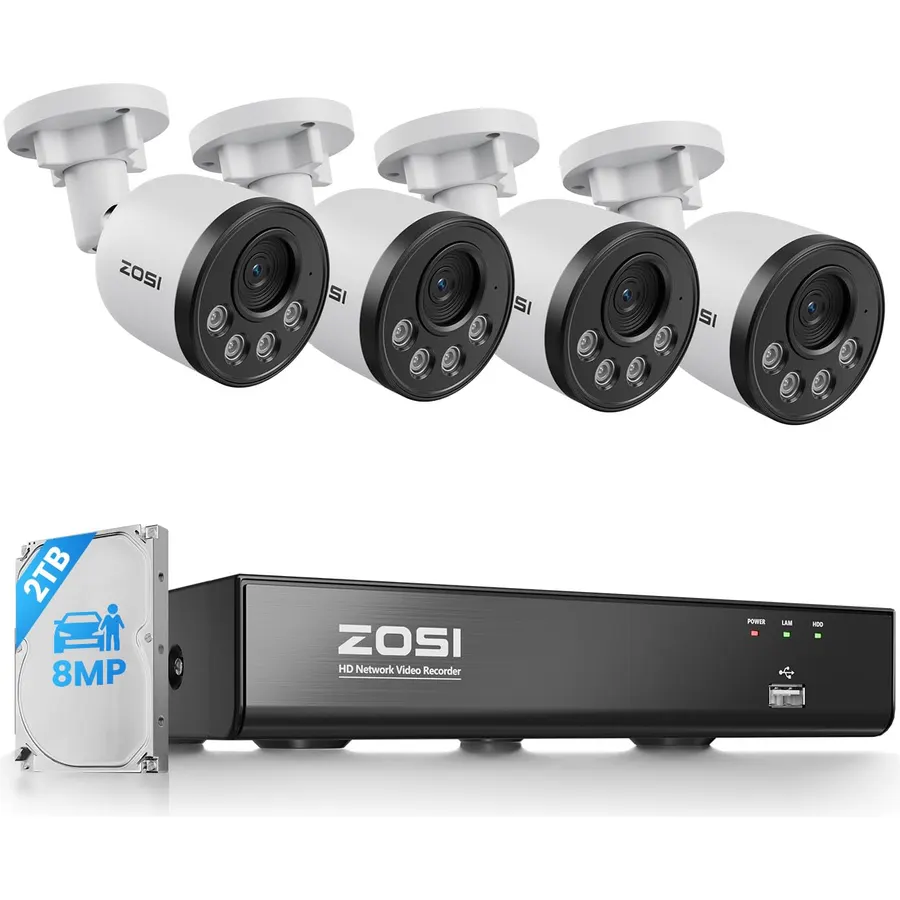 ZOSI 4K PoE Security Camera System, 4X 5MP Metal Outdoor Cam, 2TB HDD